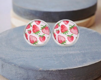 Strawberry Stud Earrings, Fruit Earrings, Strawberry Necklace, Dangle Earrings, Clip Ons