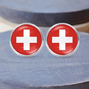Switzerland Flag Earrings, Swiss Necklace, Dangle Earrings, Swiss Cuff Links, Switzerland Gift