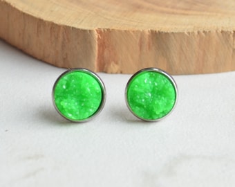 Neon Green Studs Druzy Stud Earrings Lime Green Post Earrings Lever Back Earrings  - Starlight