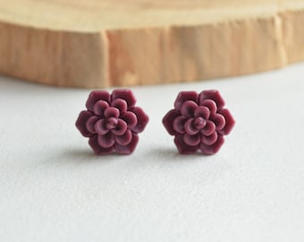 Dark Red Succulent Earrings, Succulent Studs, Succulent Gift, Flower Earrings, Gifts For Woman