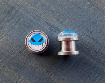 Pair Happy Sad Face Stainless Steel Screw Back Gauges, Anime Plugs