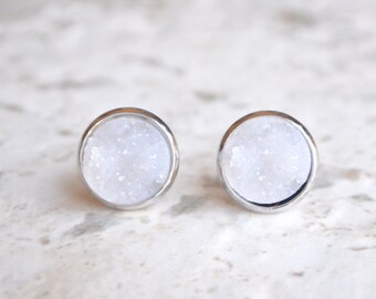 White Druzy Stud Earrings, Druzy Studs, Post Earrings, Gift For Wife - Starlight