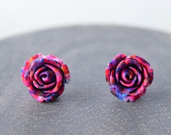 Pink Blue Acrylic Rose Flower Stud Earrings Small Lucite Posts Gift For Her