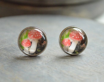 Mushroom Stud Earrings, Mushroom Jewelry, Dangle Earrings, Clip on Earrings