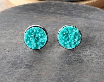 Teal Green Druzy Stud Earrings, Lucite Post Earrings, Leverback Earrings - Starlight