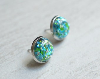 Blue Green Glitter Stud Earrings Sparkle Resin Earrings Gift For Her - Glitter Girl