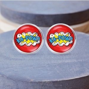 Pendientes de botón Kapow, palabras de dibujos animados, collar de dibujos animados, pendientes colgantes, pendientes de clip