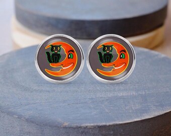 Black Cat Moon Halloween Stud Earrings, Halloween Necklace, Vintage Halloween Gift, Halloween Cat, Dangle Earrings