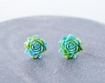 Green Blue Acrylic Rose Flower Stud Earrings Small Lucite Posts Gift For Her