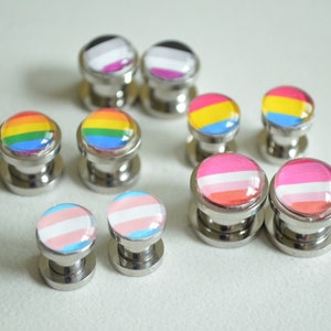 Pair Pride Gauges, Pride Flag Plugs, Stainless Steel Plugs, Custom Flag Gauges