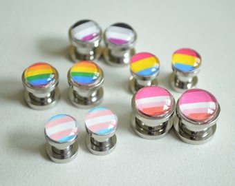 Pair Pride Gauges, Pride Flag Plugs, Stainless Steel Plugs, Custom Flag Gauges