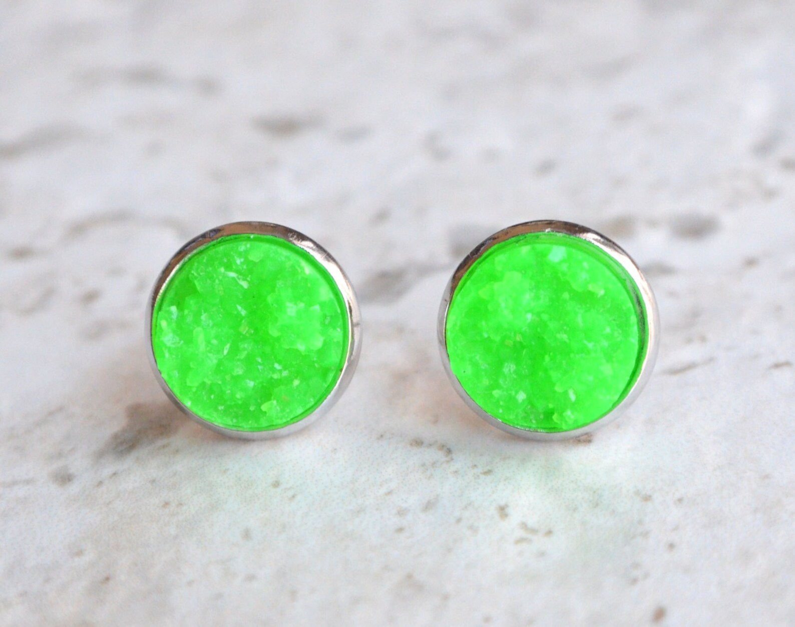 Neon Green Studs Druzy Stud Earrings Lime Green Post Earrings Etsy
