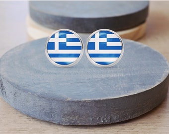 Greece Flag Stud Earrings, Greek Necklace, Cuff Links, Greek Keychain, Greece Jewelry