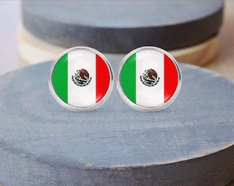 Mexico Flag Stud Earrings, Mexico Necklace, Cuff Links, Mexican Keychain, Mexico Jewelry