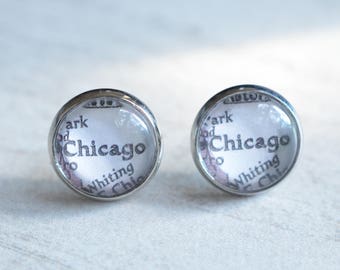 Chicago Stud Earrings, Map Earrings, Chicago Jewelry, Cuff Links, Chicago Keychain, Illinois Jewelry