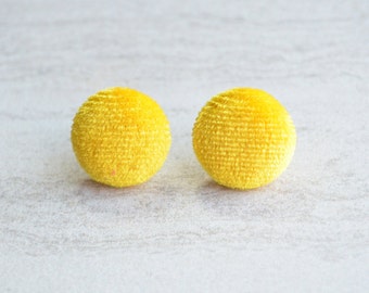 Yellow Velvet Stud Earrings, Yellow Studs, Button Earrings, Large Studs, Gift For Her