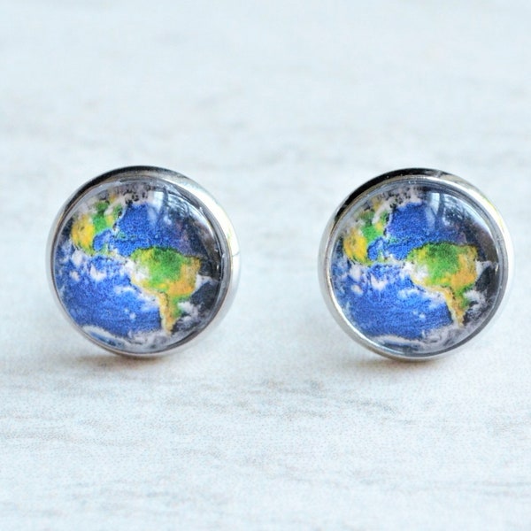 Earth Stud Earrings, Planet Earrings, Earth Necklace, Earth Cuff Links, Earth Day Gift, Earth Charm, Key Chain, Dangle Earrings