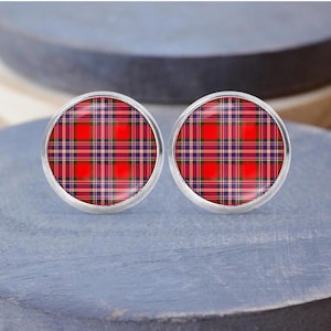 Red Blue Green Plaid Tartan Stud Earrings, Plaid Necklace, Tartan Jewelry, Tartan Gift, Dangle Earrings