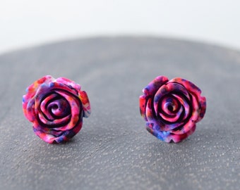 Pink Blue Acrylic Rose Flower Stud Earrings Small Lucite Posts Gift For Her