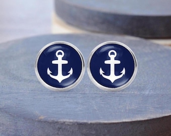 Navy Anchor Stud Earrings, Anchor Necklace, Boat Jewelry