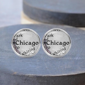 Puces d'oreilles carte de Chicago, collier Chicago, boucles d'oreilles pendantes, cadeau Chicago, boutons de manchette