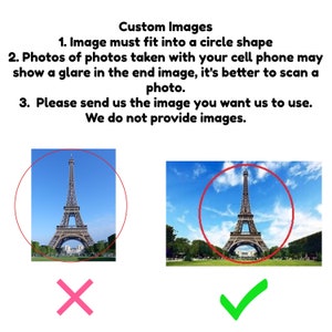 K&ouml;nnte beinhalten: Zwei Bilder des Eiffelturms in Paris, Frankreich. Das Bild links zeigt den Turm mit einem roten Kreis darum. Das Bild rechts zeigt den Turm mit einem roten Kreis darum und einem gr&uuml;nen H&auml;kchen darunter. Der Text auf dem Bild lautet: "Benutzerdefinierte Bilder 1. Das Bild muss in eine Kreisform passen 2. Fotos von Fotos, die mit Ihrem Handy aufgenommen wurden, k&ouml;nnen einen Schein auf dem endg&uuml;ltigen Bild zeigen, es ist besser, ein Foto zu scannen. 3. Bitte senden Sie uns das Bild, das Sie verwenden m&ouml;chten. Wir stellen keine Bilder zur Verf&uuml;gung."