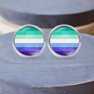 Op de afbeelding: Een paar ronde oorstekers met een zilverkleurige rand. Elke oorsteker heeft een horizontaal gestreept ontwerp in groen, wit, blauw en paars, dat de gay pride-vlag vertegenwoordigt. De oorbellen worden op een blauw oppervlak getoond.