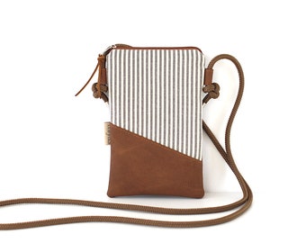 Phone bag with cord, shoulder bag, crossbody, vegan, faux leather, brown, striped