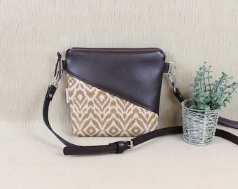 Umhängetasche "ELVA" / Festivaltasche, Crossbody Tasche, Schultertasche, Handtasche, Tasche klein / Vegan, Kunstleder, Dunkelbraun, Ikat