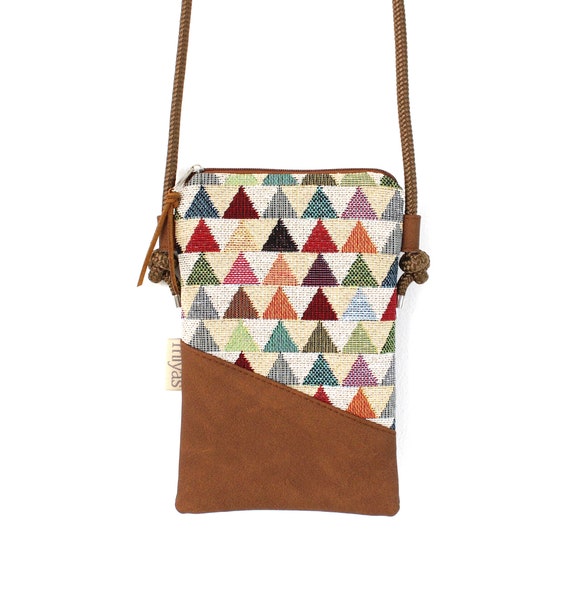 Buy Mobile Phone Bag for Hanging Around the Shoulder karolin Mobile Phone Bag With Cord Mobile Phone Shoulder Bag Crossbody Mobile Phone Bag Vegan Faux Leather Brown Triangles Online in