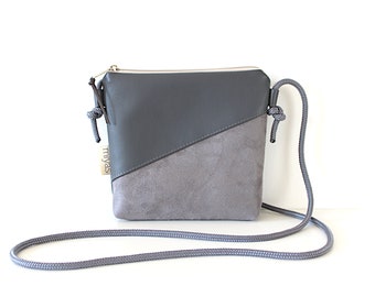 Umhängetasche "GREY" / Festivaltasche, Crossbody Tasche, Umhängetasche klein, Schultertasche / Vegan, Kunstleder, Grau, Wildlederimitat