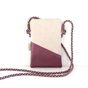 Handytasche zum Umhängen "VIOLETTA" / Handytasche mit Kordel, Umhängetasche Handy, Crossbody Handytasche /Vegan, Kunstleder, Violett, Creme