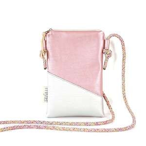 Handytasche zum Umhängen "SHARON" / Handytasche mit Kordel, Umhängetasche Handy, Crossbody Handytasche / Vegan, Kunstleder, Silber, Pink