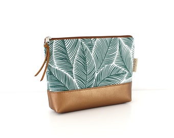 Cosmetic bag "MILLY"/make-up bag, make-up bag, toiletry bag, pouch/vegan, imitation leather, bronze, green, leaves, oilcloth inside