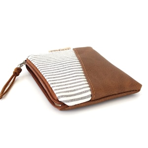 Mini-Geldbörse, Geldbeutel, Portemonnaie, Schlüsseletui, Etui / Vegan, Braun, Streifen
