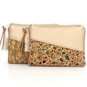 Mini portafoglio, borsellino, portachiavi, pochette / vegano, similpelle, sughero, beige metallizzato
