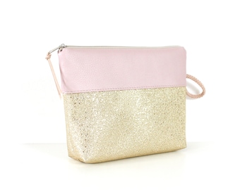 Makeup bag, bag "SISTINE" / cosmetic bag, bag, makeup bag, case, clutch / vegan, faux leather gold, pink, glitter, cord