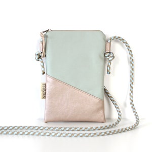 Handytasche zum Umhängen "SUE" / Handytasche mit Kordel, Umhängetasche Handy, Crossbody Handytasche /Vegan, Kunstleder, Rosa, Puder,Mint