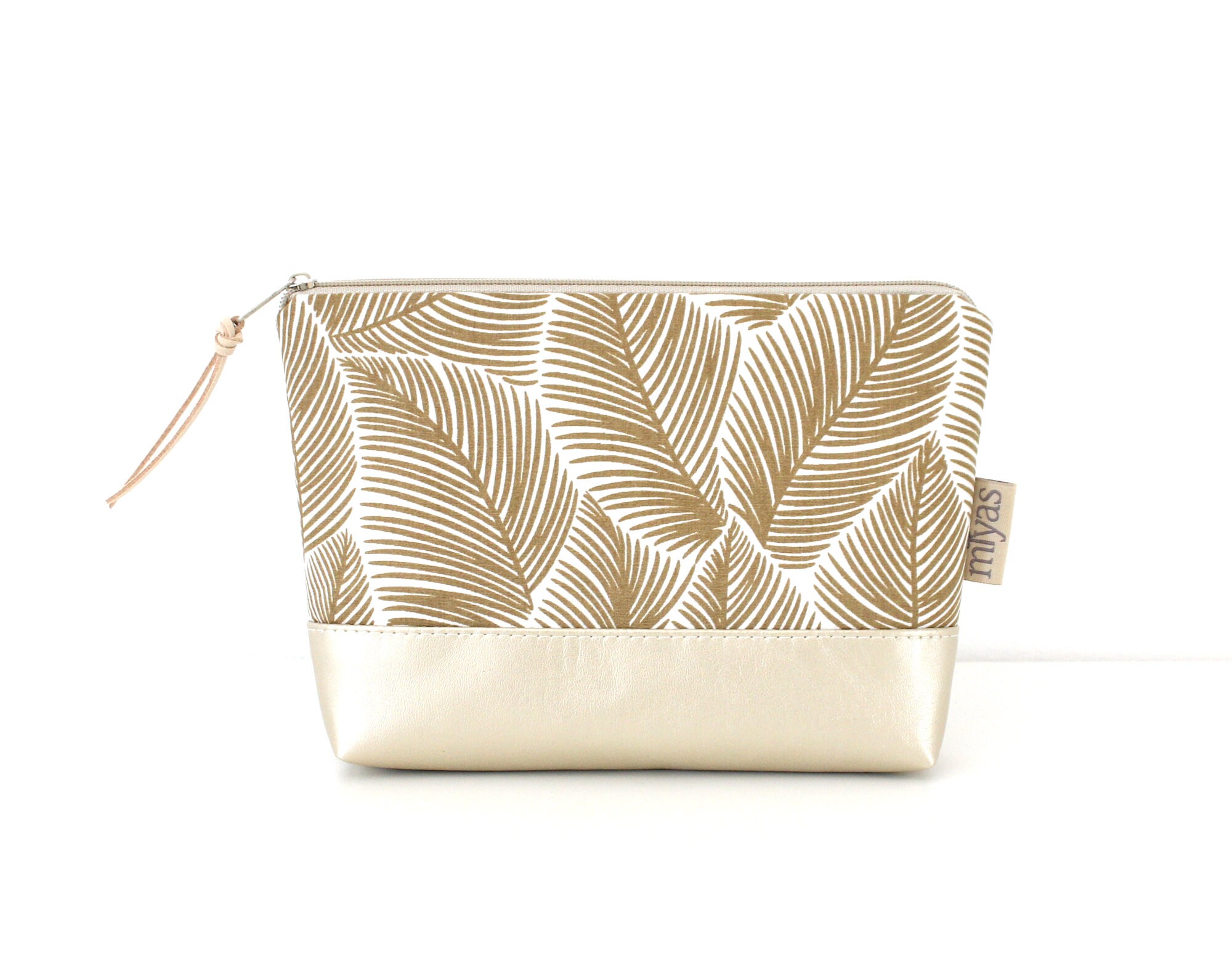 Cosmetic bag "WENDY"/makeup bag, make-up bag, toiletry bag, pouch/vegan, imitation leather, brown, mother of pearl, leaves, oilcloth inside
