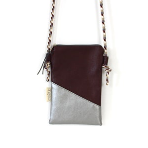 Handytasche zum Umhängen "BRIANNA" / Handytasche mit Kordel, Umhängetasche Handy, Crossbody Handytasche / Vegan, Kunstleder, Weinrot, Grau