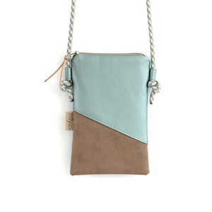 Handytasche zum Umhängen "FIBI"/ Handytasche mit Kordel, Umhängetasche Handy, Crossbody Handytasche / Vegan, Kunstleder, Türkis,Taupe Kordel
