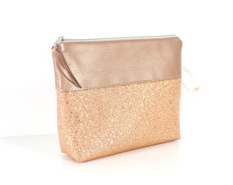 Makeup bag, bag "BLINKY" / cosmetic bag, bag, makeup bag, case, clutch / vegan, faux leather rose gold, glitter, cord