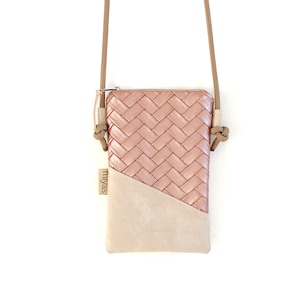 Handytasche zum Umhängen "OLANDY" / Handytasche mit Kordel, Umhängetasche Handy, Crossbody Handytasche /Vegan, Kunstleder, Rose, Creme