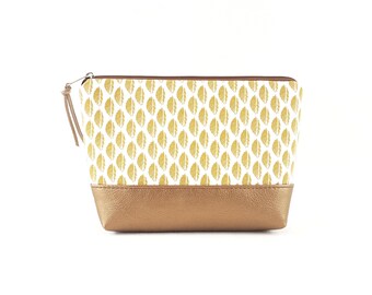 Cosmetic bag "HOLLY" / make-up bag, make-up bag, necessaire, bag, case / vegan, bronze faux leather, corn yellow feathers