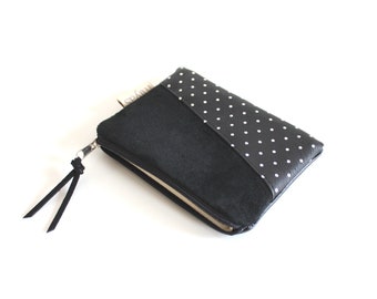 Mini portafoglio, borsellino, portachiavi, pochette / Vegano, Nero, Pois