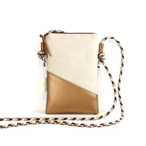 Handytasche zu Umhängen "CREME" /Handytasche mit Kordel, Umhängetasche Handy, Crossbody Handytasche / Vegan, Kunstleder, Bronze, Creme