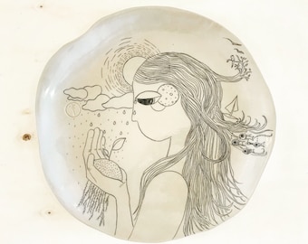 Life - Handgefertigte Keramik Dekorative Wandkunst - 40 cm Wandplatte mit Illustration