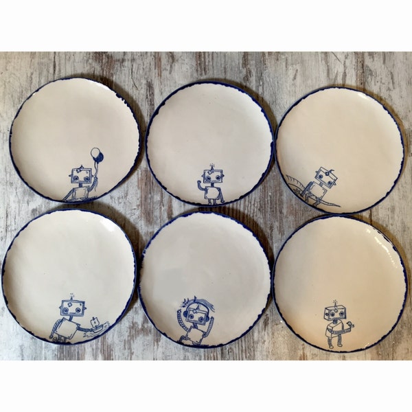 Custom handmade dinnerware set, 11'' (28 cm) Set of 6, custom robot illustrated - hand shaped and hand painted ceramic plates