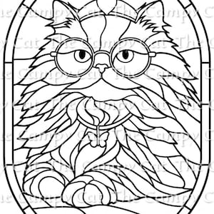 Op de afbeelding: Zwart-wit illustratie van een kat met een ronde bril en een vlinderhanger, geplaatst in een ovale lijst. De kat heeft pluizige vacht en is in een glas-in-loodstijl. De tekst "The Campy Cat" is zichtbaar.