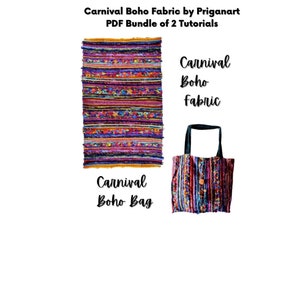 Może przedstawiać: Zestaw PDF z samouczkami do wykonania kolorowego bohemyjskiego dywanu i torby. Tkanina jest połączeniem fioletowych, różowych, pomarańczowych i żółtych pasków o splocie. Torba ma czarny uchwyt i zapięcie na guzik.